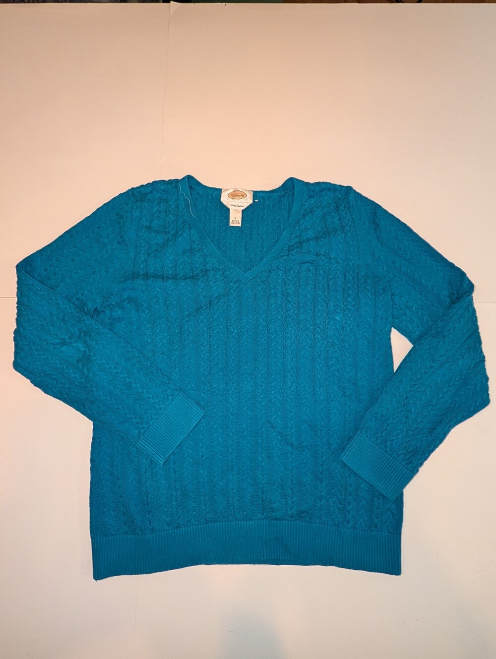 Talbots Pima Cotton Cable Knit V Neck Sweater, Large, Teal Blue